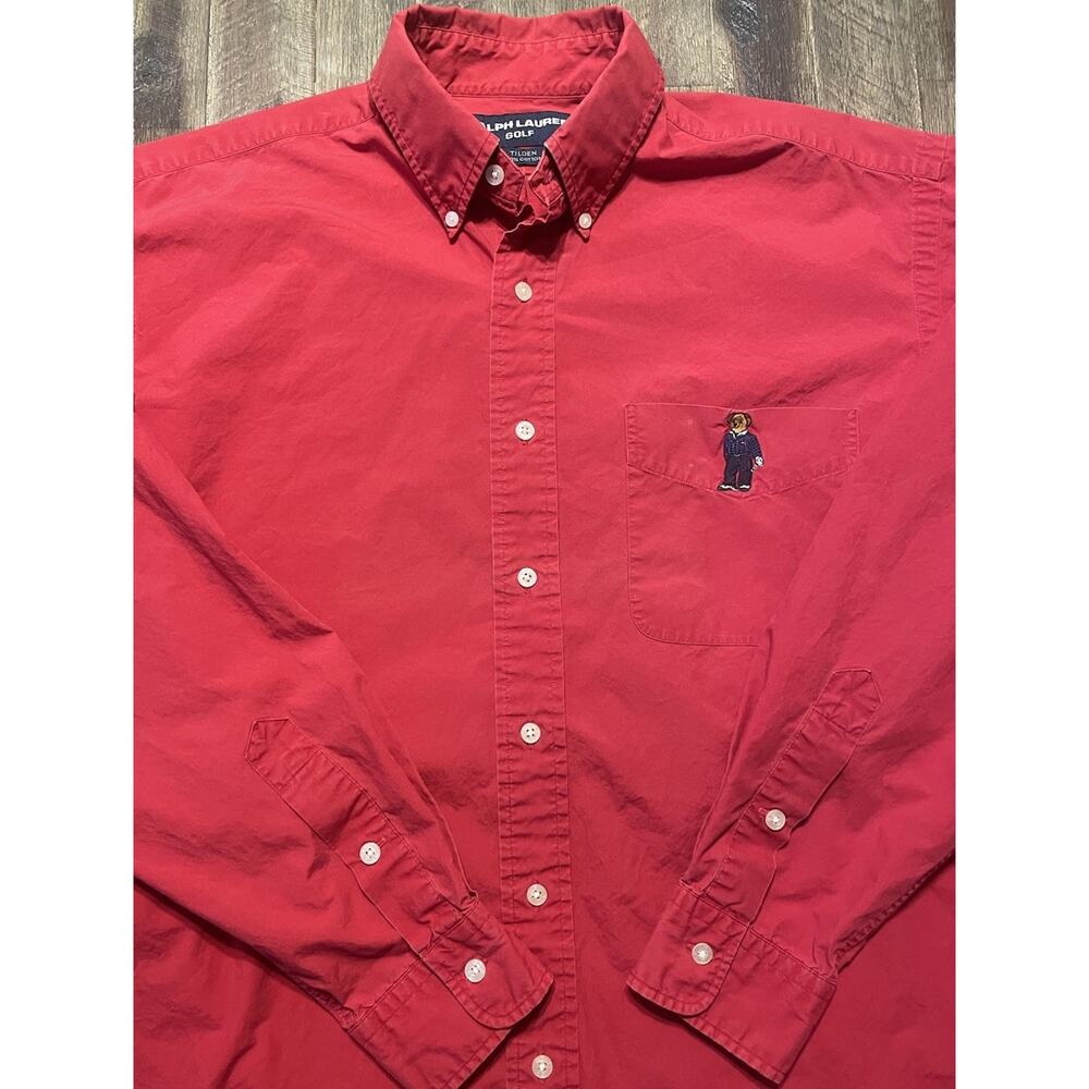 Polo Ralph Lauren Tilden Button Down Shirt Mens Medium Red Polo Bear Golf 90s - Picture 2 of 12
